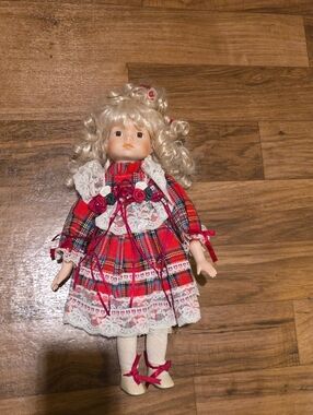 Classic Porcelain Doll in Red Plaid Dress - Bradley